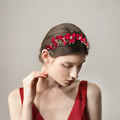 DonLeeving Bridal Red Crystal Headband Princess Flower Hair Vine Headpiece Pearl Wedding Queen Crowns and Tiaras Bride Floral Red Headband for Women and Girls Halloween Decor