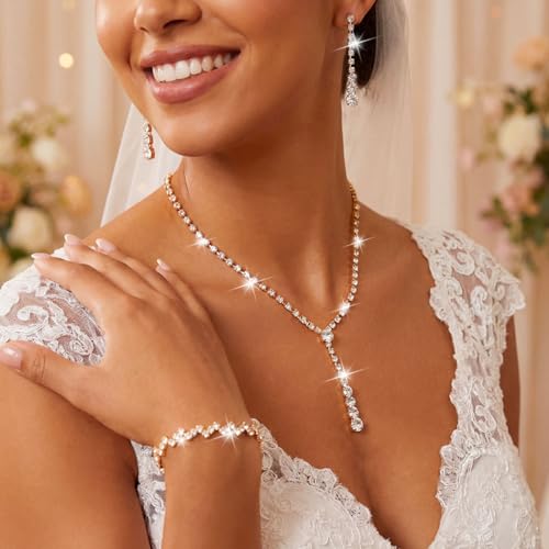 Bride Silver Bridal Necklace Earrings Set Crystal Wedding Jewelry Set Rhinestone Choker Necklace for Women and Brides - color: D Gold
