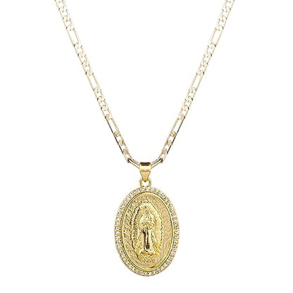 14K Gold Plated Guadalupe Virgin Mary Oval Pendant Necklace for Women Men Zircon Inlay Virgin Mary 3mm Flat Figaro Chain Necklace - color: gold, size: chain length:22"