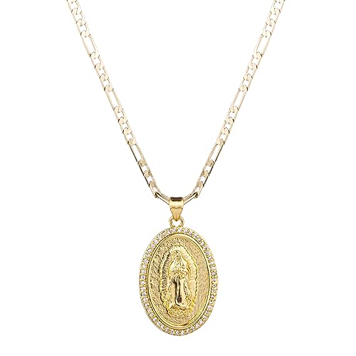 14K Gold Plated Guadalupe Virgin Mary Oval Pendant Necklace for Women Men Zircon Inlay Virgin Mary 3mm Flat Figaro Chain Necklace - color: gold, size: chain length:18"