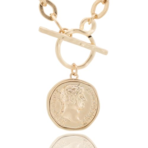 Women's Chunky Coin Necklace, 18K Gold Plated, 18-Inch Toggle Chain | Double-Sided Antique Coin Pendant with Thick Link Chain for Layered Looks and Vintage Statement Style for Everyday Wear - color: Worn Gold-1