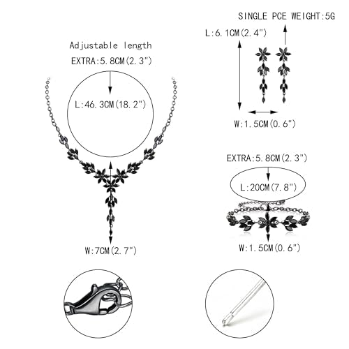 EVER FAITH Crystal Flower Wedding Prom Jewelry Set for Bride Bridesmaid | Rhinestone Costume Party Y-Shaped Necklace Dangle Earrings Bracelet, for Women - color: Black Black-Tone