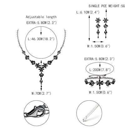 EVER FAITH Crystal Flower Wedding Prom Jewelry Set for Bride Bridesmaid | Rhinestone Costume Party Y-Shaped Necklace Dangle Earrings Bracelet, for Women - color: Black Black-Tone