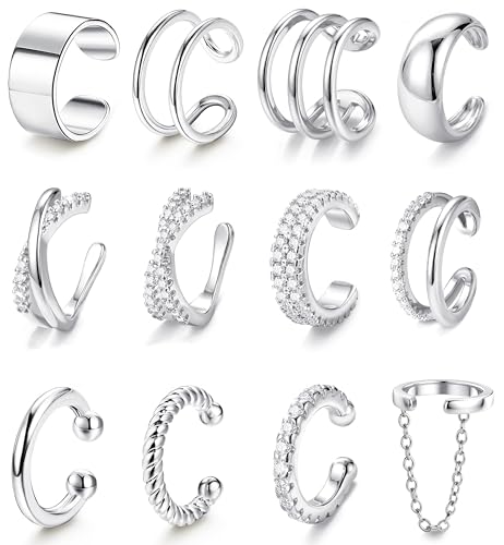 LOLIAS 12Pcs Ear Cuffs Non Piercing - 14K Gold Plated Ear Cuff Earrings for Women Adjustable Earring Cuffs for Non Pierced Ears Clip on Cartilage Earring Fake Earrings Set - color: White Gold Plated