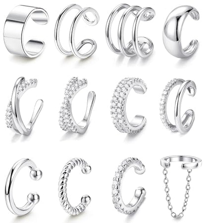 LOLIAS 12Pcs Ear Cuffs Non Piercing - 14K Gold Plated Ear Cuff Earrings for Women Adjustable Earring Cuffs for Non Pierced Ears Clip on Cartilage Earring Fake Earrings Set - color: White Gold Plated
