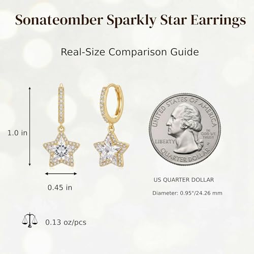 Sonateomber Christmas Tree Dangle Small Gold Hoop Earrings for Women, Cute Sparkly CZ Rhinestone Maple Clover Leaf Drop Earings Thanksgiving Holiday Accessories Fashion Jewelry Gift - color: Gold Star