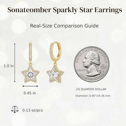 Sonateomber Christmas Tree Dangle Small Gold Hoop Earrings for Women, Cute Sparkly CZ Rhinestone Maple Clover Leaf Drop Earings Thanksgiving Holiday Accessories Fashion Jewelry Gift - color: Gold Star