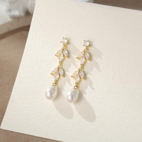 Crysdue Simulated Pearl Earrings for Women, Dainty Silver/Gold/Rose Gold Plated Cubic Zirconia Drop Dangle Earrings Wedding Jewelry for Bride Bridesmaid - style: I_CZ+Pearl, Gold