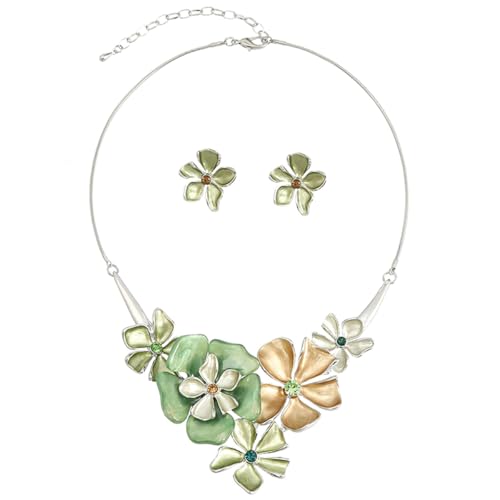 Chunky Statement Jewelry Set Vintage Retro Leaf Flower Floral Geometric Bohemian Boho Bib Necklace Earring Set Fashion Costume Jewelry for Women Girls Wedding Party Prom Unique Gift - style: 5 petal flower JS silver green