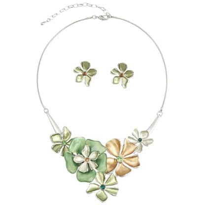 Chunky Statement Jewelry Set Vintage Retro Leaf Flower Floral Geometric Bohemian Boho Bib Necklace Earring Set Fashion Costume Jewelry for Women Girls Wedding Party Prom Unique Gift - style: 5 petal flower JS silver green
