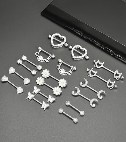 9 Pairs Nipple Rings Stainless Steel Heart Butterfly Moon Flower CZ Barbell Tongue Rings Set Cute Nipplerings Piercing Jewelry for Women Pink Silver Tone - color: B: Silver Tone