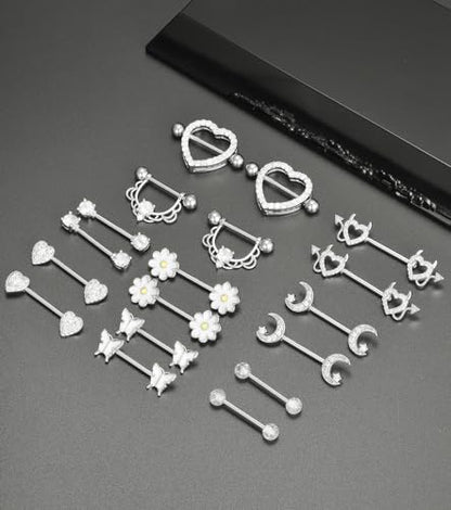 9 Pairs Nipple Rings Stainless Steel Heart Butterfly Moon Flower CZ Barbell Tongue Rings Set Cute Nipplerings Piercing Jewelry for Women Pink Silver Tone - color: B: Silver Tone