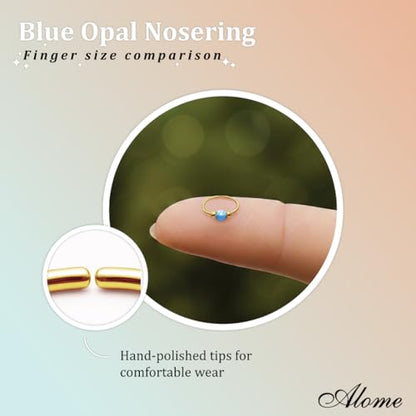 925 Sterling Silver & 14K Gold Filled Nose Ring Hoop Handmade Piercing Jewelry For Women - 24 Gauge 2mm,7mm Tiny Nose Ring with Opal - Gift Ready - color: Light Blue Opal Gold