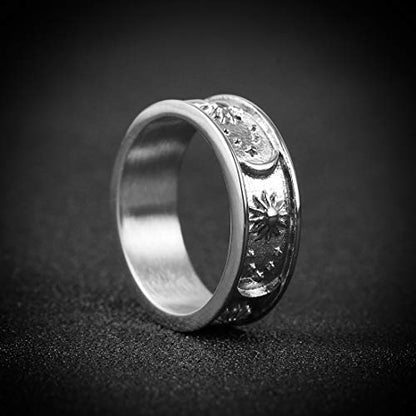 HZMAN 8mm Moon Star Sun Statement Ring Stainless Steel Boho Jewelry for Women Men - color: Steel Color