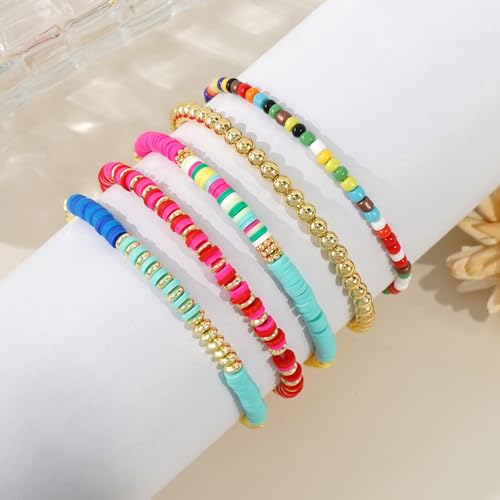 Colorful Gold Plated Stackable Ball Seed Beaded Bracelets Set For Women, Boho Handmade Romantic Stretch Accessories Jewelry, Daily Wear Holiday Party Friendship Gift - color: Heishi