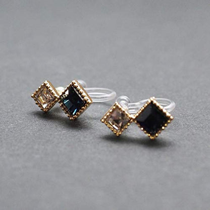 Star Clear Austrian Crystal Invisible Clip On Stud Earrings Blue Light Orange Purple Silver Square Rhinestone Screw Back Gold Dangle Clip Earrings - color: Navy Blue Gold