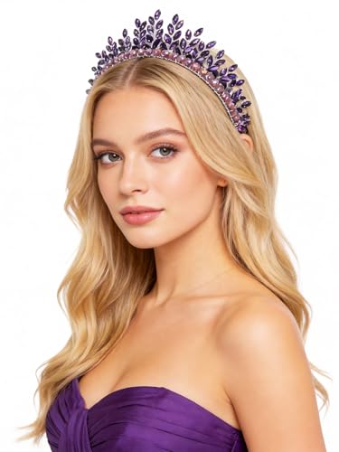 Bridal Rhinestone Headband Wedding Hair Accessories for Women, Pearl Crystal Headband Wedding Costume Headpieces for Brides Princess Quinceanera Christmas Party Prom Birthday(Purple) - color: Purple