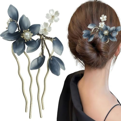 Chinese Hair Sticks,Decorative Hair Fork Pins, Blue and White Floral Design with Pearl Accents Hair Accessories for Women Girls, 4.72 inch