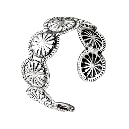 MALOYANVE Western Cuff Bracelet for Women Vintage Silver Gold Bronze Concho Sunburst Engraved Open Cuff Boho Cowgirl Cowboy Jewelry - color: Antique Silver