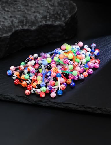 14G 100Pcs Colorful Ball Surgical Steel and Bioflex Flexible Acrylic Nipple Tongue Rings Piercing Jewelry 14 Gauge Straight Barbell Tongue Nipple Ring Piercing Jewelry Retainer For Women Men - size: 14G-14MM Acrylic Bar