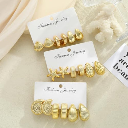 12 Pairs Chunky Gold Hoop Earrings for Women Trendy, Gold Plated Lightweight Hypoallergenic Stack, Thick Open Twisted Huggie Hoops Earring Set - color: 12 Pairs Gold Thick