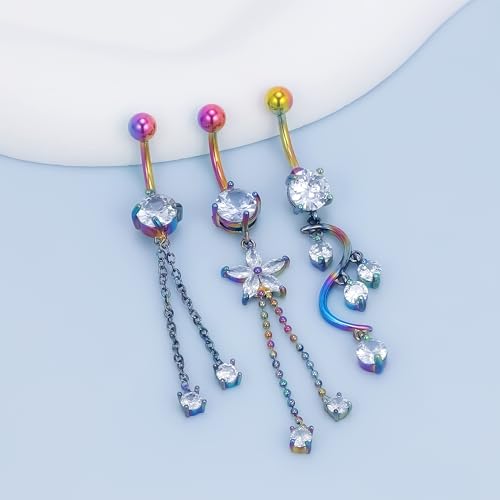 Vsnnsns 14G Dangle Belly Button Ring Piercing Jewelry 316L Stainless Surgical Steel Snake Heart Butterfly Flower Diamond CZ Navel Rings Dangling Belly Button Ring Piercing Jewelry for Women 14 Gauge - color: Rainbow Tone