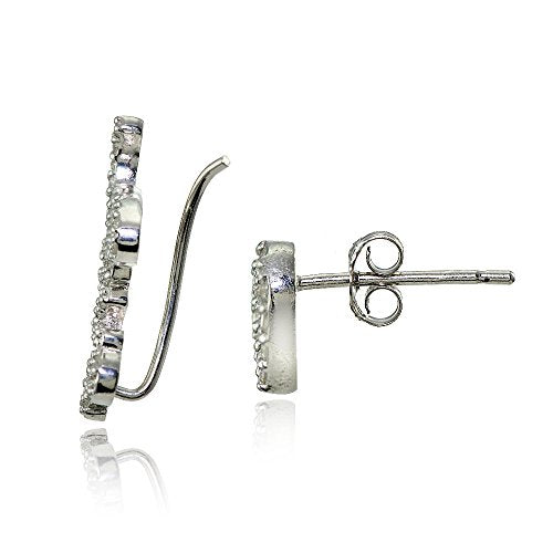 Hoops & Loops 925 Sterling Silver Cubic Zirconia Heart Stud & LOVE Climber Crawler Earrings Set for Women, 2 Pairs Silver, Yellow & Rose Gold - color: Silver