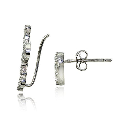 Hoops & Loops 925 Sterling Silver Cubic Zirconia Heart Stud & LOVE Climber Crawler Earrings Set for Women, 2 Pairs Silver, Yellow & Rose Gold - color: Silver