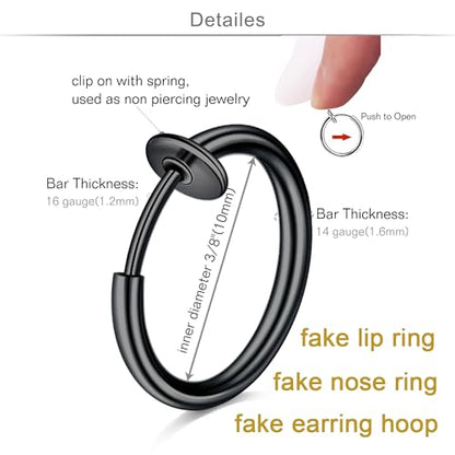 QWALIT Fake Nose Ring Fake Lip Piercing Fake Lip Ring Fake Nose Ring Hoop Fake Snake Bites Fake Lip Piercings Faux Lip Rings Fake Nose Piercing Clip on Nose Ring Spring - color: A5-spring + basic- black
