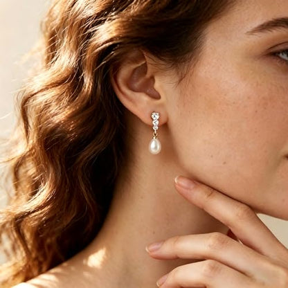 Pearl Earrings for Women, 14k Gold Plated Trendy Diamond Pearl Drop Earrings Hypoallergenic Dainty Bridal Gifts Wedding jewelry for Women - color: Gold-Pearl Style A