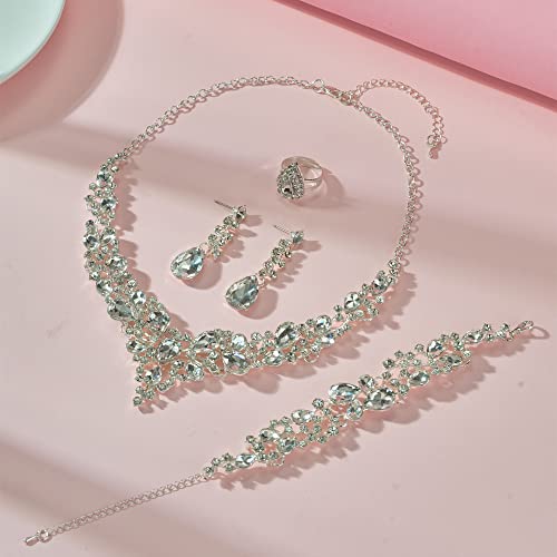 Paxuan Crystal Bridal Wedding Jewelry Sets for Women Rhinestone Teardrop Crystal Statement Choker Necklace Drop Earrings Link Bracelets Rings Teardrop Jewelry Set for Brides Bridesmaids - color: White