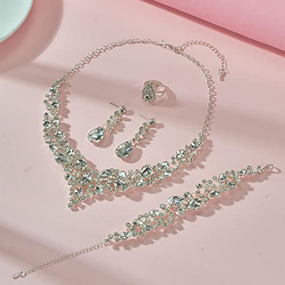 Paxuan Crystal Bridal Wedding Jewelry Sets for Women Rhinestone Teardrop Crystal Statement Choker Necklace Drop Earrings Link Bracelets Rings Teardrop Jewelry Set for Brides Bridesmaids - color: White