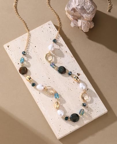 Long Gold Necklaces for Women Trendy Beaded Chain Necklace Chunky Costume Jewelry Gifts for Her - color: Green Agate