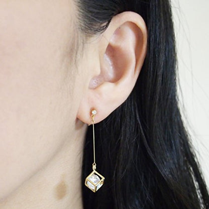 Drop Cubic Zirconia Invisible Clip On Earrings for Women Not Pierced Gold Teardrop Sqaure CZ Crystal Dangle Gold Silver Comfortable Clip On Earrings Bridal Wedding Prom - color: Cube Gold