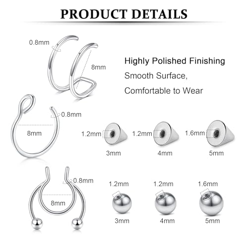 Fake Eyebrow Ring Fake Lip Labret Studs Replacement Balls Spike with 100pcs Sticker Non-Piercing Body Jewelry Fake Skin Piercing - color: F2-Silver+Gold+Black