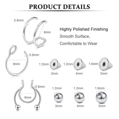 Fake Eyebrow Ring Fake Lip Labret Studs Replacement Balls Spike with 100pcs Sticker Non-Piercing Body Jewelry Fake Skin Piercing - color: F2-Silver+Gold+Black
