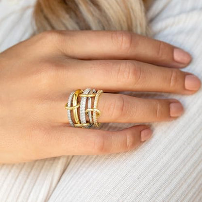 Gold Stackable Rings for Women Non Tarnish, 18k Gold Plated Cubic Zirconia Rings, Exquisite Silver Gold Multi Ring Mixed Metals Stack Jewelry Set Size 6-10 - color: 4PCS, size: 7