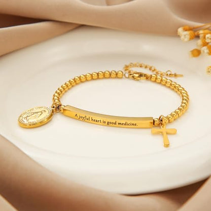 DS Inspirational Bracelet for Women Christian Engraved Bibler Verse Cross Butterfly Daisies Charm Bracelet, Exquisite Stainless Steel Jewelry Daughter Best Friend Bestie - style: A joyful heart is good medicine.-Gold