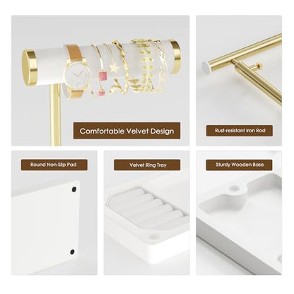 SZQINJI 5 Tier Jewelry Holder Organizer, Gold Necklace Stand Display, White | Velvet Bracelet Holder, Adjustable Height Jewelry Display for Necklaces, Bracelets, Earrings, Rings, Gift Idea for Women - color: White