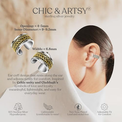 CHIC & ARTSY 925 Sterling Silver Ear Cuffs for Women, Non Piercing Clip On Cartilage Cuffs, Adjustable Fake Conch & Helix Earrings, Gold Plated & Oxidized Various Styles - color: ear cuff #32