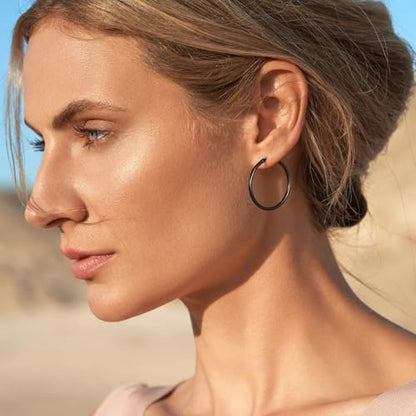 Gold Hoop Earrings for Women 14K Gold Plated | 925 Sterling Silver Post Hypoallergenic Hoop Earrings - color: Black, size: 30-40-50mm