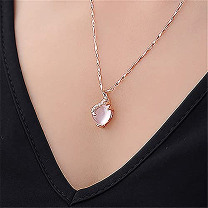 Heart shaped pendant necklace for women's gift - Rose gold heart shaped pink crystal cat eye Quartz Stone pendant romantic birthday anniversary wedding gift (Rose gold)