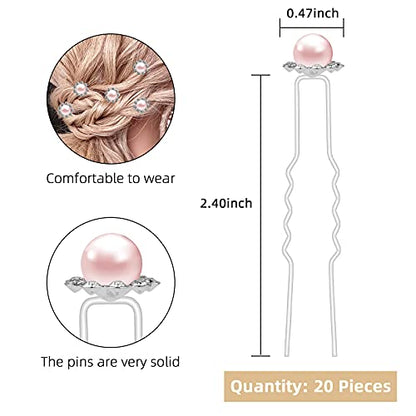 QIUTIMIY 20 Pack (Pink) Pearl Crystal Hair Pins Flower Rhinestone Hair Clips for Bridal Wedding Women Hair Jewelry Accessories, with Clear Container - color: Pearl Flower-Pink