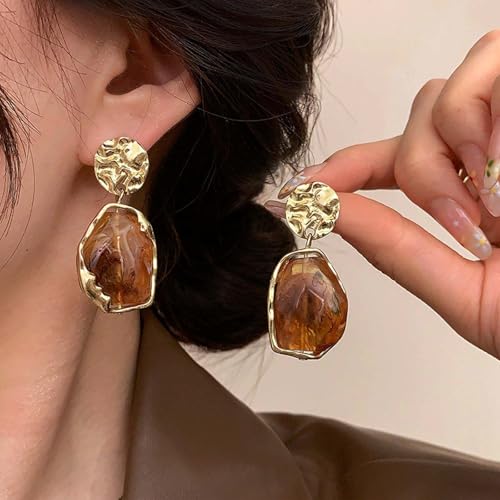 Vintage Irregular Acrylic Dangle Earrings Enamel Brown Drop Earrings Gold Hammered Disc Stud Earrings Acrylic Brown Geometric Earrings Jewelry for Women