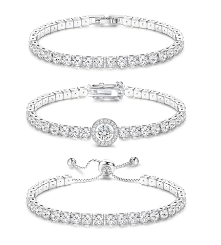 YADOCA 3Pcs Silver Tennis Bracelets For Women Diamond Bracelets Jewelry | Silver Bracelet Stack Cubic Zirconia CZ Adjustable Stackable Bracelets Set For Prom Wedding Gift - style: D:Round CZ-2