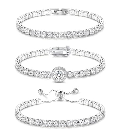 YADOCA 3Pcs Silver Tennis Bracelets For Women Diamond Bracelets Jewelry | Silver Bracelet Stack Cubic Zirconia CZ Adjustable Stackable Bracelets Set For Prom Wedding Gift - style: D:Round CZ-2