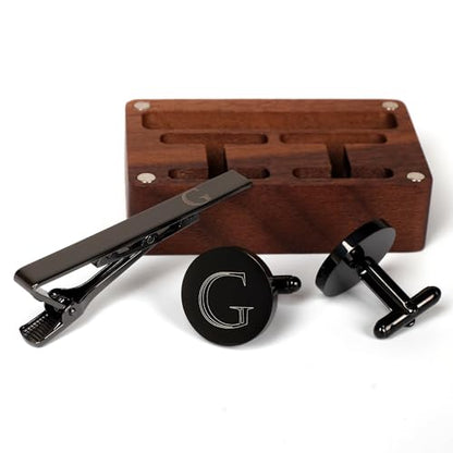 Mens Initial Cufflinks and Tie Clip A-Z Alphabet Letter Black Stainless Cuff Links Tie Bar with Engraved Walnut Wood Box Groom Groomsman Wedding Set - style: Classic-G