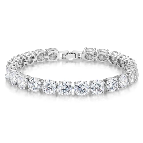 KEZEF Tennis Bracelet for Women, 7mm Round CZ, Silver Plated Brass, 6.5–8 Inch, Fold-Over Clasp - color: White CZ, size: 6.5 Inch