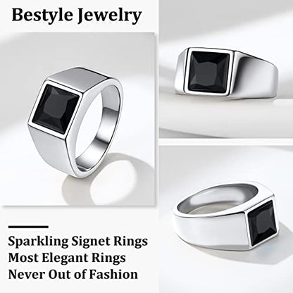Bestyle Stainless Steel Men Signet Ring-Black/Blue Gemstone Band Ring-Classic Simple Thick Men Ring Size 7-14 - color: 02. 8MM Black Zircon - Steel