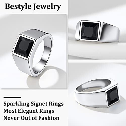 Bestyle Stainless Steel Men Signet Ring-Black/Blue Gemstone Band Ring-Classic Simple Thick Men Ring Size 7-14 - color: 02. 8MM Black Zircon - Steel